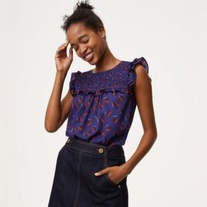 LOFT Blue and Red Patterned Blouse with Ruffle Sleeves. Size XS